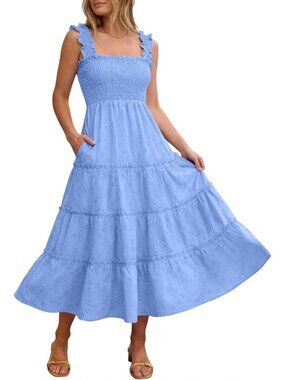 Caracilia Women's Light Blue Neck Sleeveless Eyelet Smocked Tiered Midi Dress